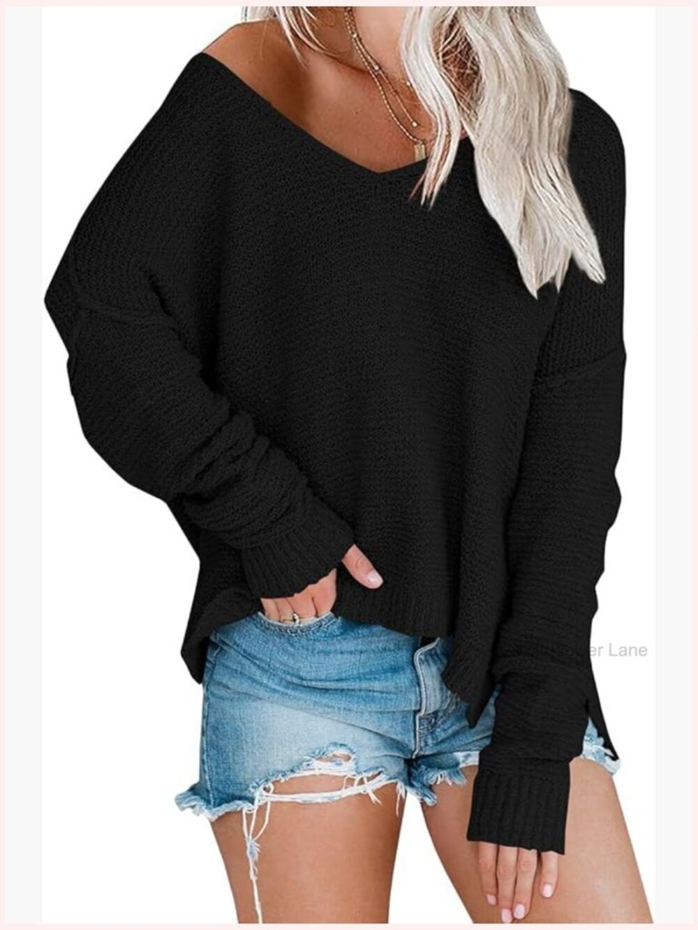Oversized V Neck Pullover Off Shoulder Lightweight Knit Top